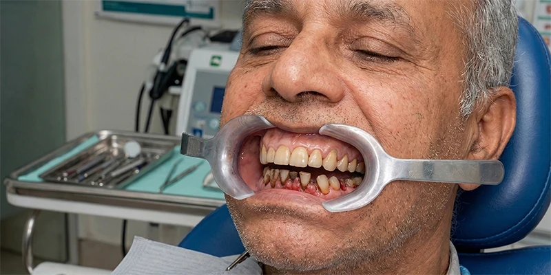 Hambaravis patsient lahti suuga positsioneerijaga, tugevalt kahjustunud alumised hambad ja punetavad igemed, kliiniline ülesvõte