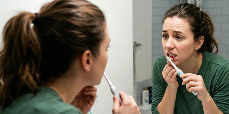 Naine vaatab vannitoapeeglist hambaid pesevalt; igemete veritsus hambapesu ajal